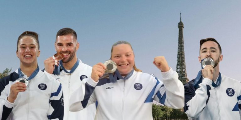 The four medalists: Artem Dolgopyat (R), Raz Hershko, Peter Paltchik, and Inbar Lanir | Photos: The Olympic Committee of Israel