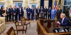 President Trump and senior global technology industry leaders last week in the Oval Office. Photo: The White House