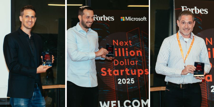 חלוקת אותות פורבס לסטארט-אפים המבטיחים. מימין: אורי כץ, פאנדגרד, אמיר חוזז, פוינטפייב ואביב שפירא, אקסטנד | צילום: אייל אפרתי, פורבס ישראל