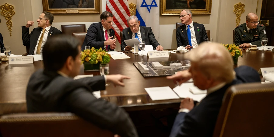 ראש הממשלה נתניהו והשר דרמר דנים בטיוטת הסכם הפסקת האש בבית הלבן | צילום: דניאל טורוק, הבית הלבן